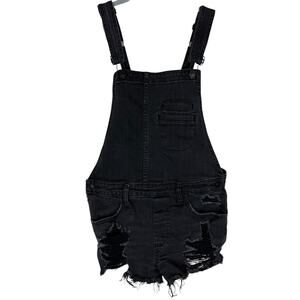 Express Overall Shorts Women's 4 Black Denim Distressed Ripped Frayed Adjustable